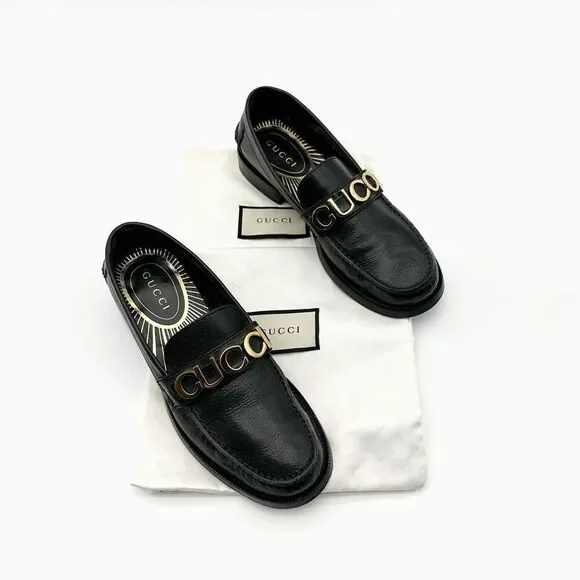 GUCCI Cara Signature Letters Logo Black Loafers Size 37.5 Leather Flat Shoes - Picture 3 of 14
